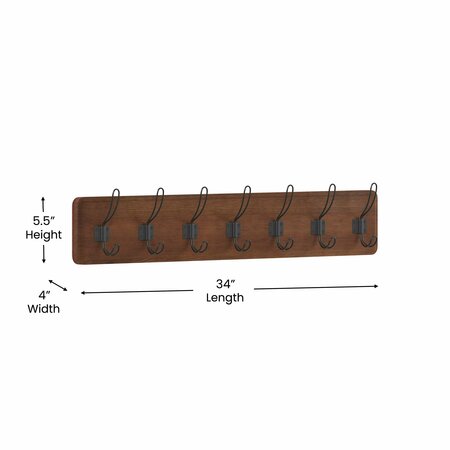 Flash Furniture Daly Wall Mounted 34in Rustic Brown Solid Pine Wood Storage Rack with 7 Hooks HGWA-SCR-7-RUSBRN-GG